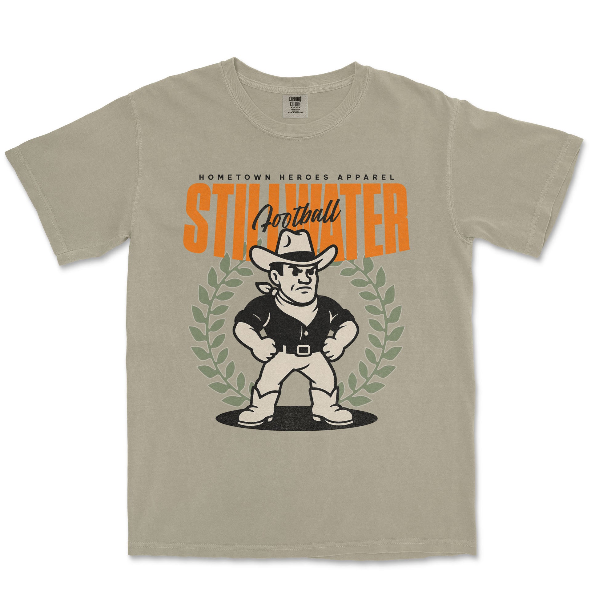 Beige t-shirt with a graphic of a cowboy and text on a white background