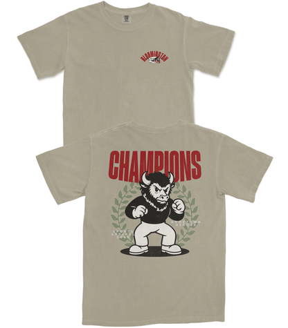 Beige t-shirt with graphic design and text on a white background