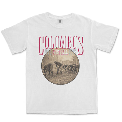 White t-shirt with 'Columbus Football' graphic design on a white background