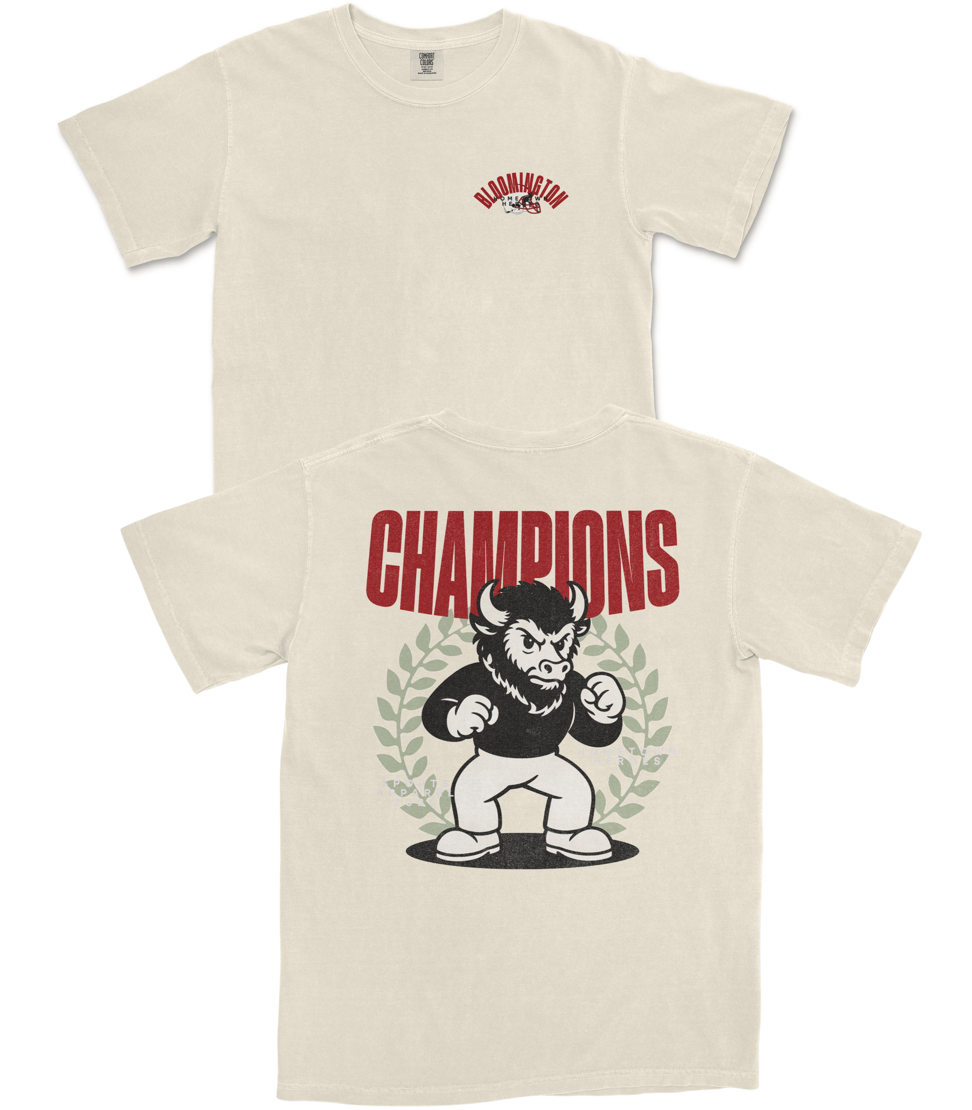 Beige t-shirt with graphic design of a bear and 'Champions' text on a white background