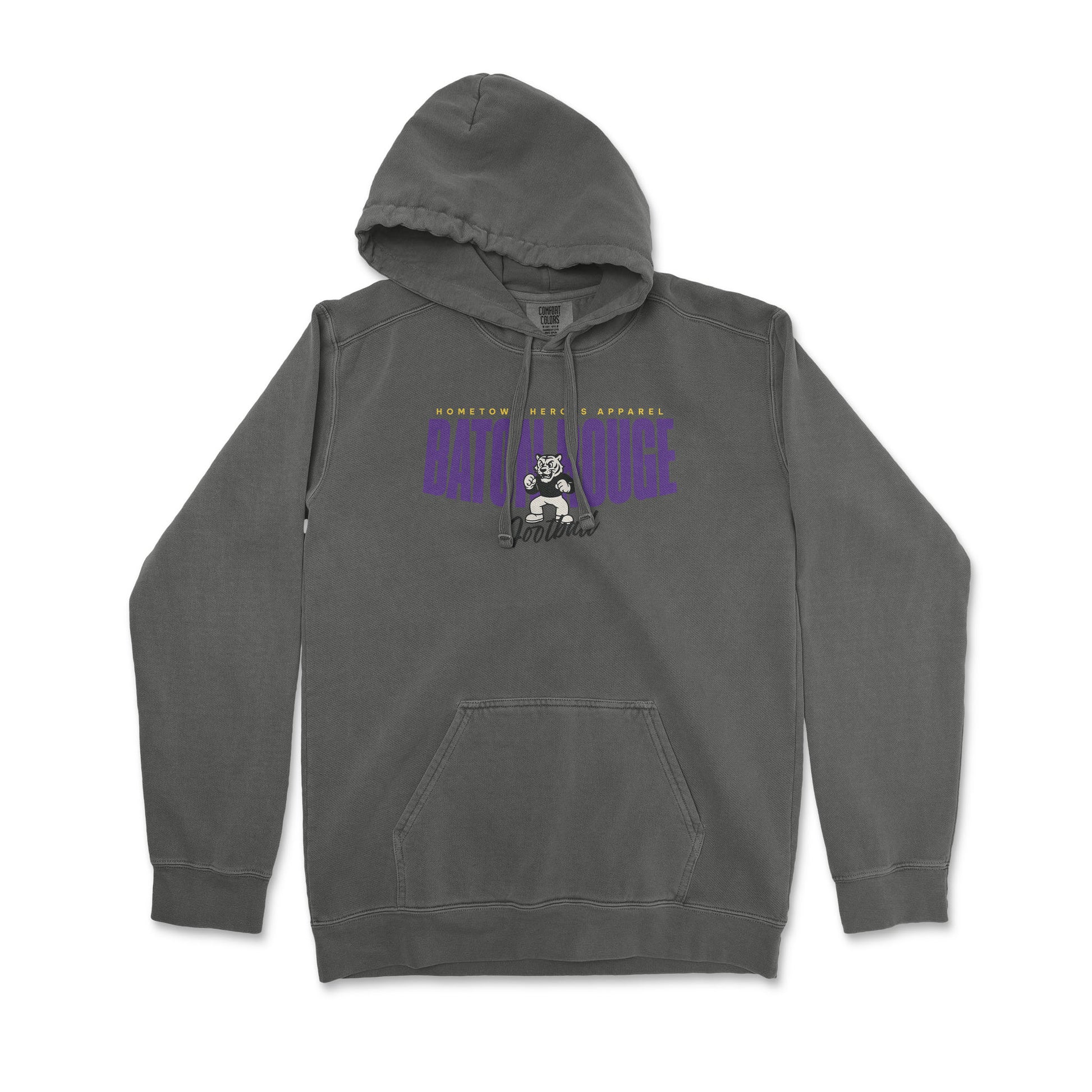 Gray hoodie with a graphic design on a white background