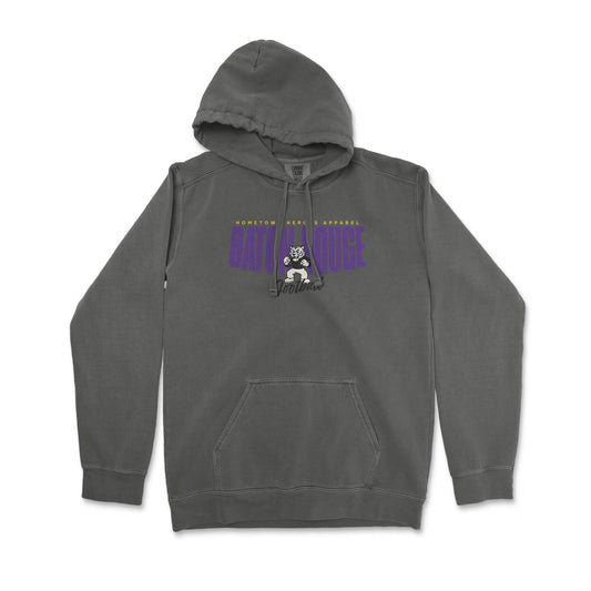 Gray hoodie with a graphic design on a white background