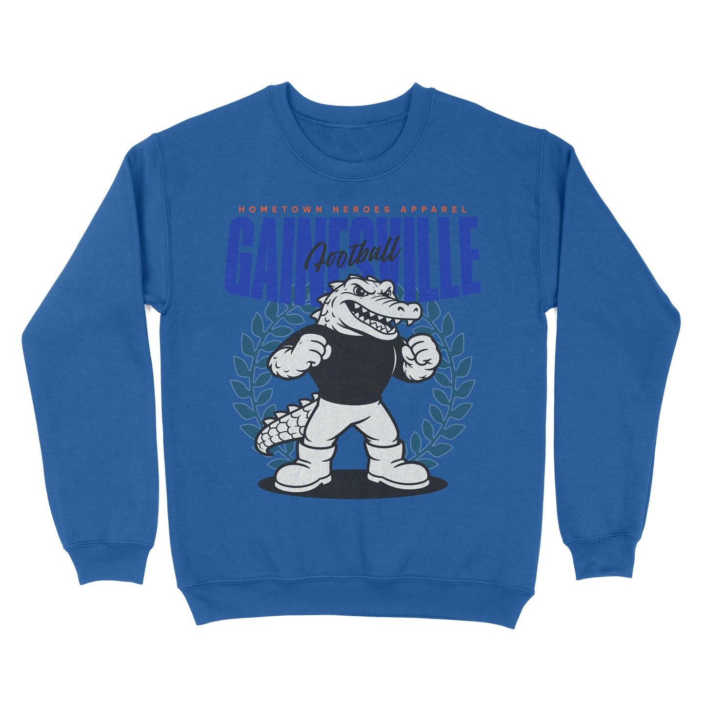 Blue sweatshirt with a cartoon alligator and 'Gainesville' text on a white background