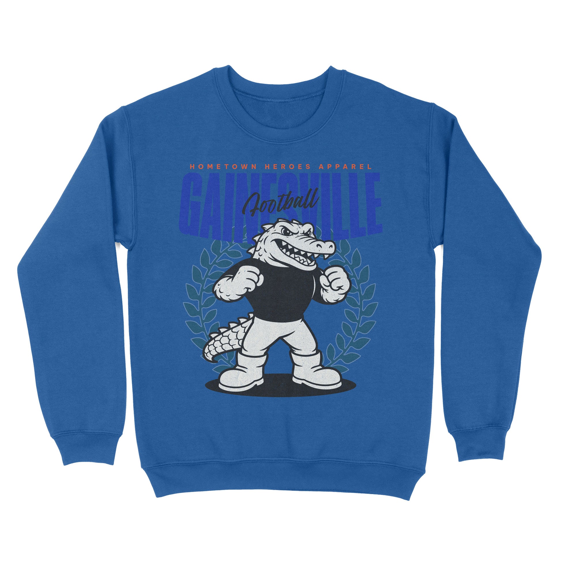 Blue sweatshirt with a cartoon alligator and 'Gainesville' text on a white background