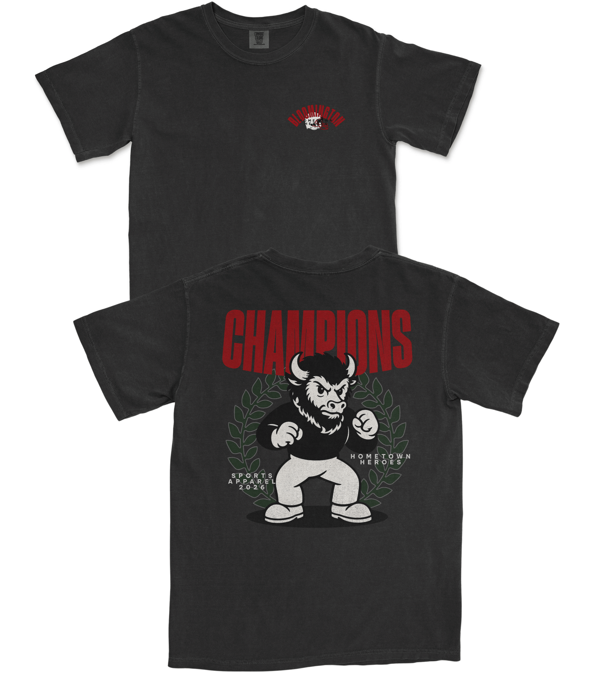 Black t-shirt with 'Champions' design featuring a bull and laurel wreath on a white background.