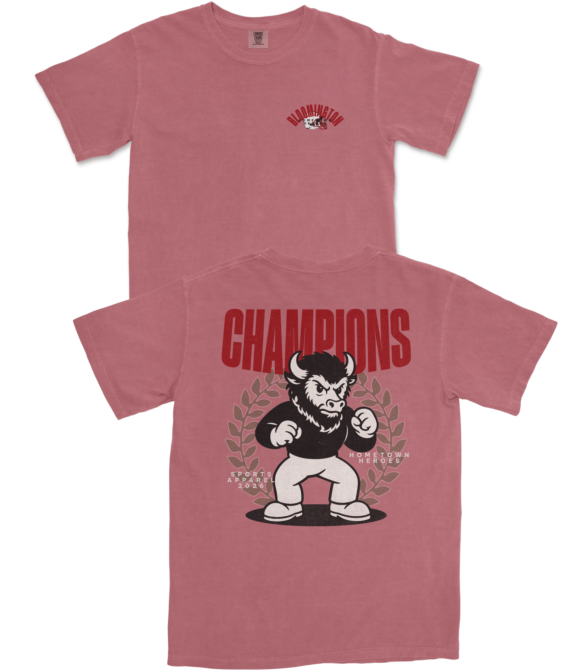 Red t-shirt with graphic design of a bull and 'Champions' text on a white background