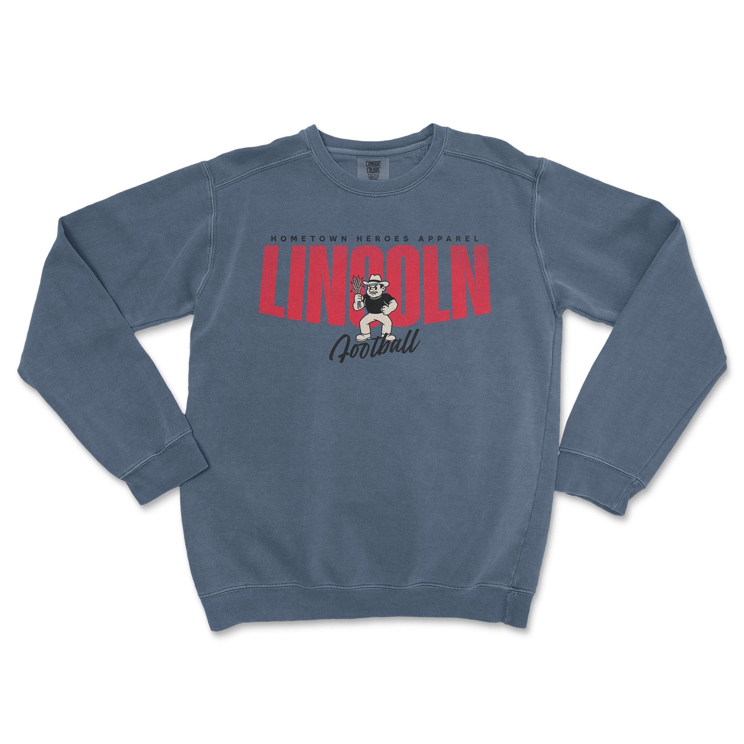 Blue sweatshirt with 'LINCOLN' printed on it against a white background