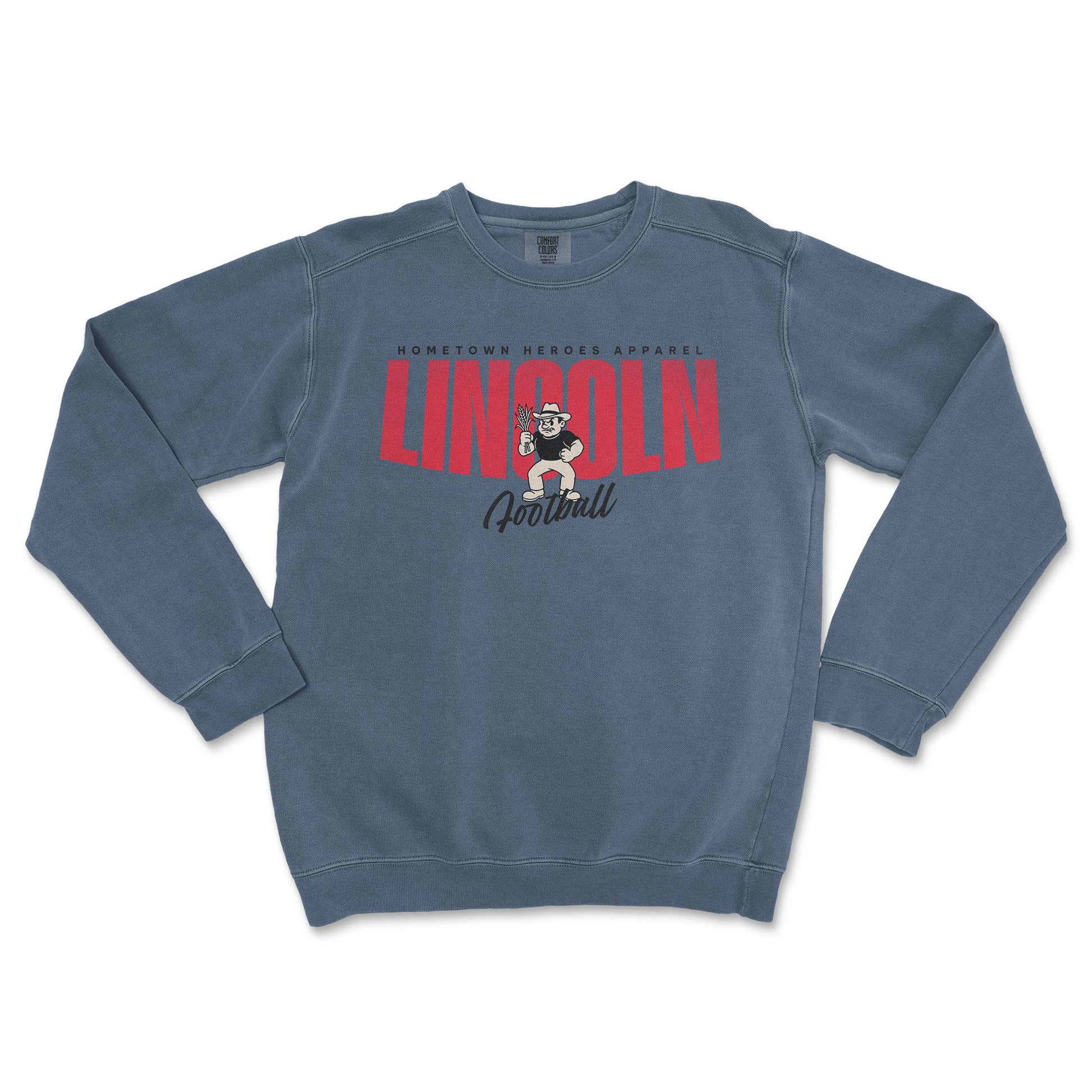 Blue sweatshirt with 'LINCOLN' printed on it against a white background