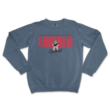 Blue sweatshirt with 'LINCOLN' printed on it against a white background