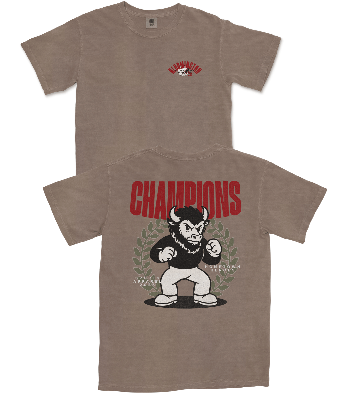 Brown t-shirt with graphic design and text on a white background