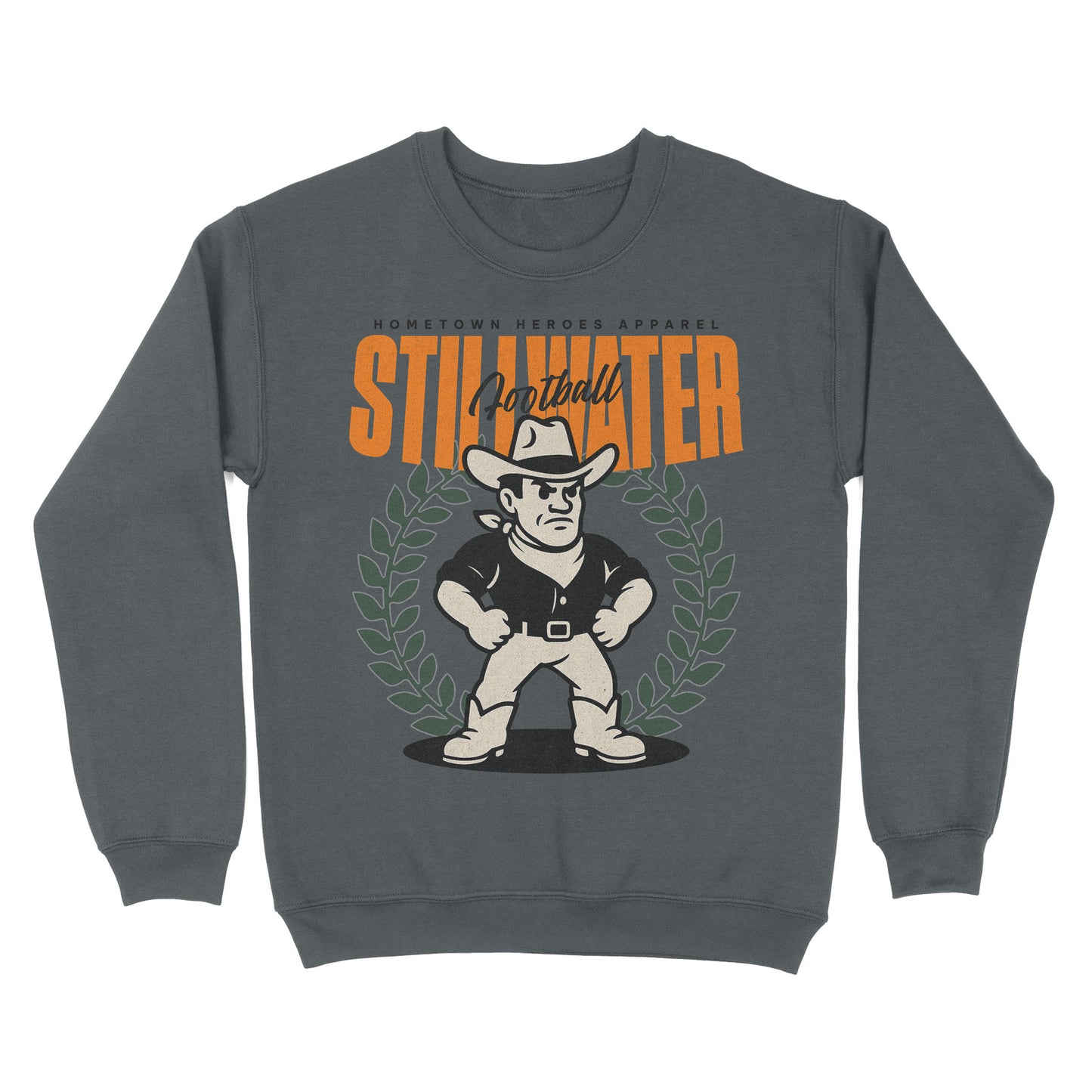 Gray sweatshirt with a graphic of a cowboy and text on a white background