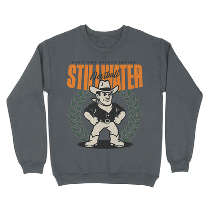 Gray sweatshirt with a graphic of a cowboy and text on a white background