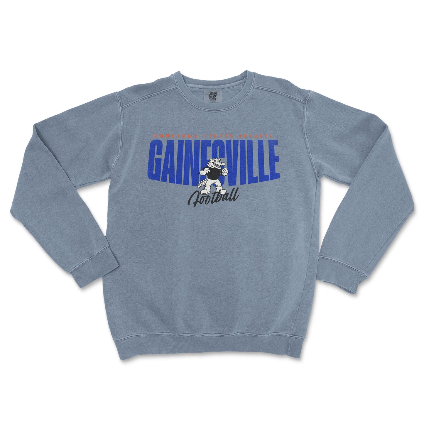 Blue sweatshirt with 'Gainesville Football' text and graphic on a white background