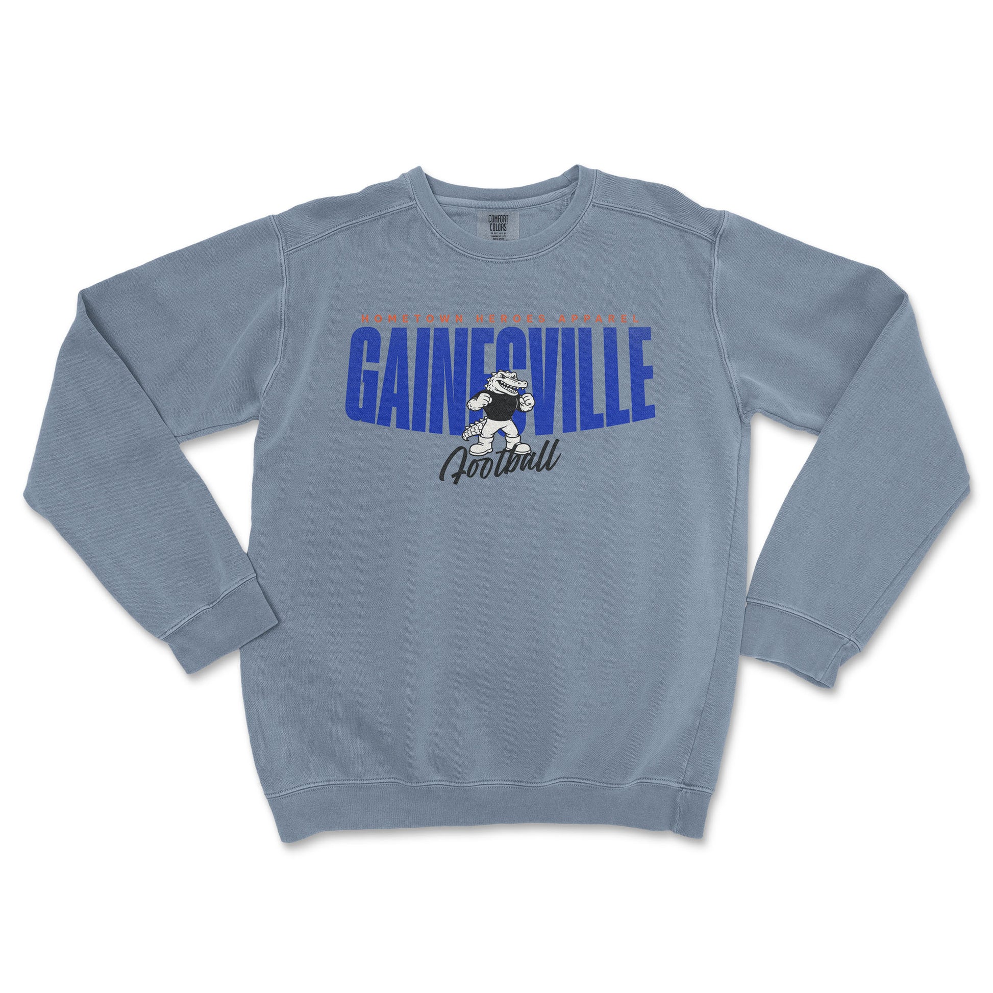 Blue sweatshirt with 'Gainesville Football' text and graphic on a white background