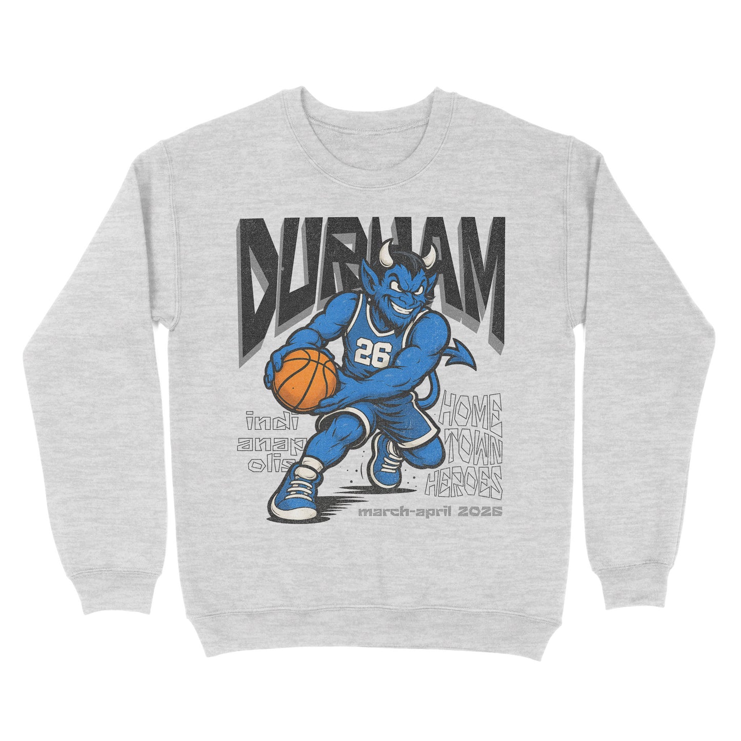 Gray sweatshirt with a blue cartoon character holding a basketball and 'Durham' text on a white background