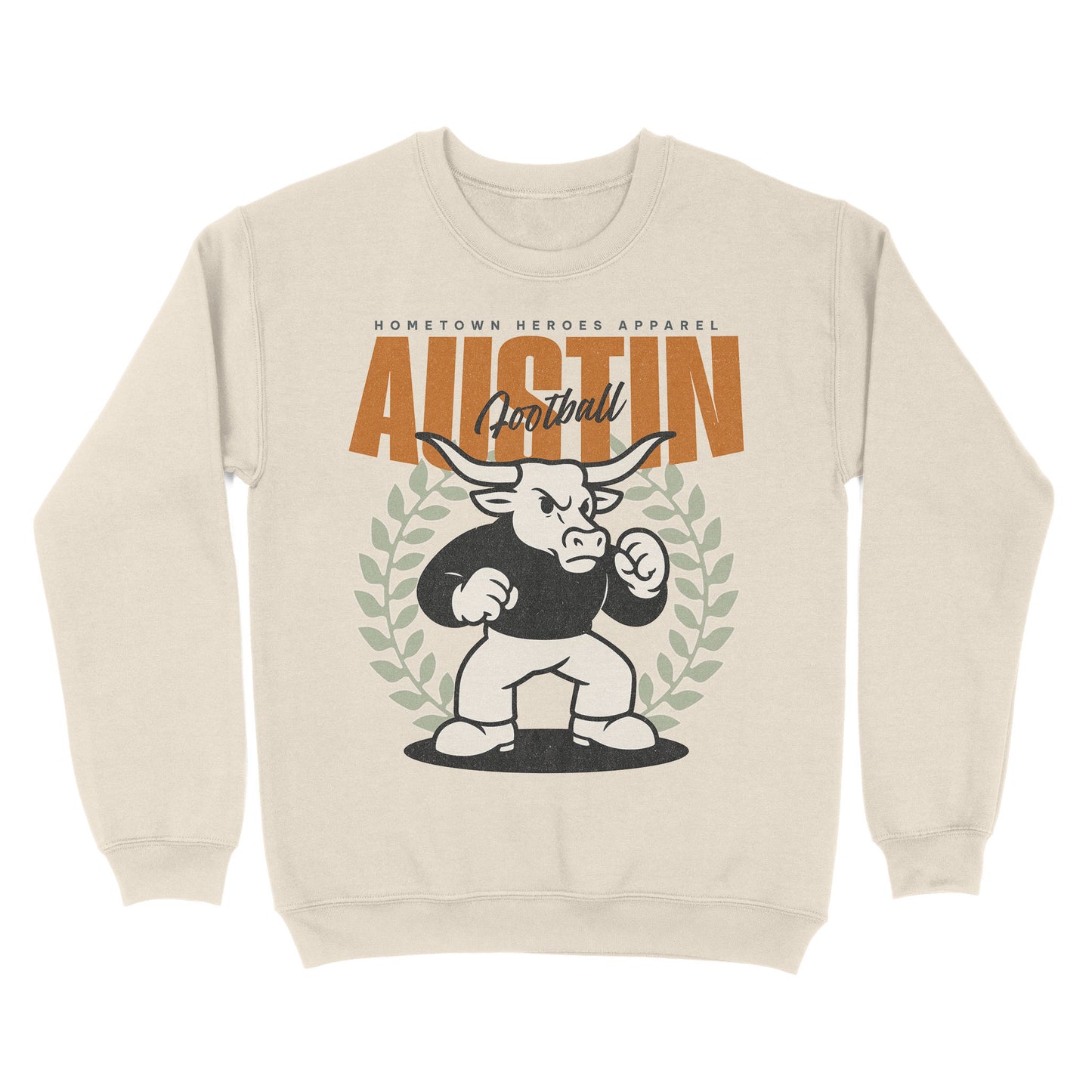 Beige sweatshirt with a graphic of a bull and text on a white background