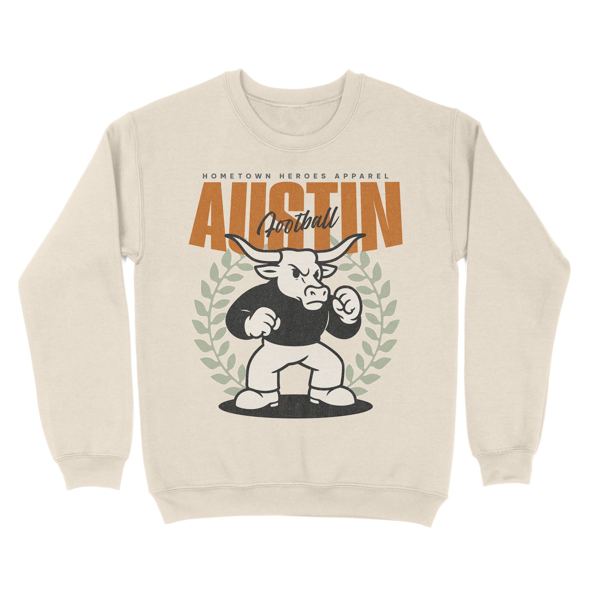 Beige sweatshirt with a graphic of a bull and text on a white background
