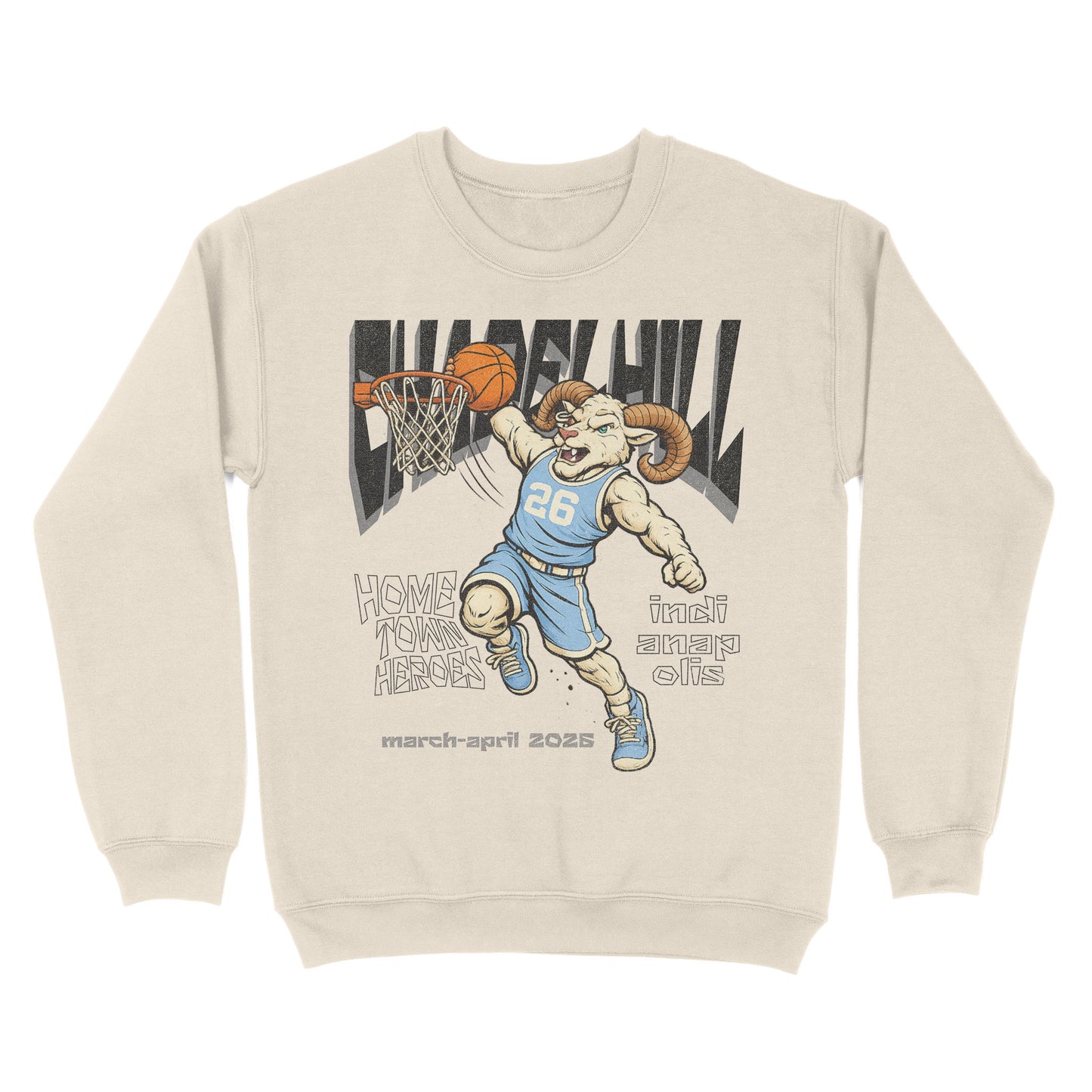 Beige sweatshirt with a graphic of a ram playing basketball and text on a white background