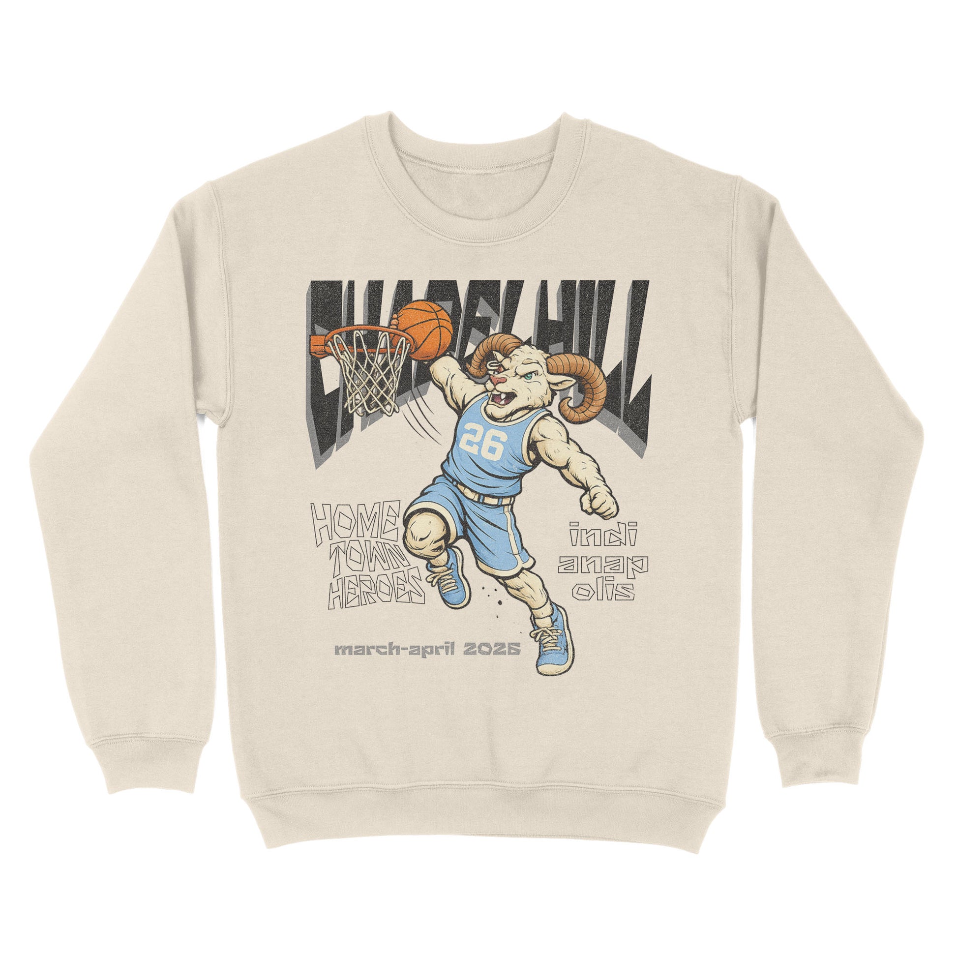 Beige sweatshirt with a graphic of a ram playing basketball and text on a white background