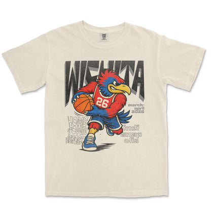 Beige t-shirt with a cartoon mascot holding a basketball on a white background