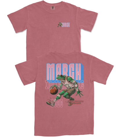 Red t-shirt with graphic design of a frog and text on a white background