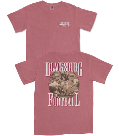 Red t-shirt with 'Blacksburg Football' design on a white background