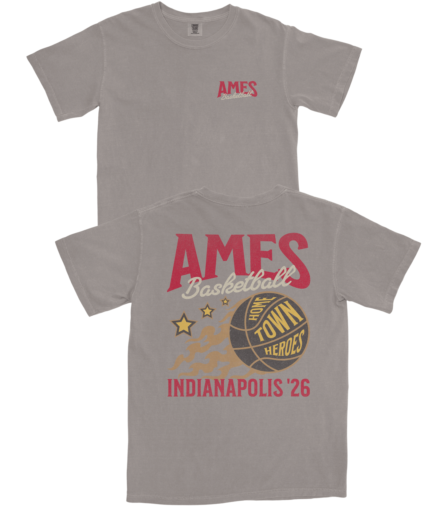 Gray t-shirt with 'AMES' text and basketball graphic on a white background