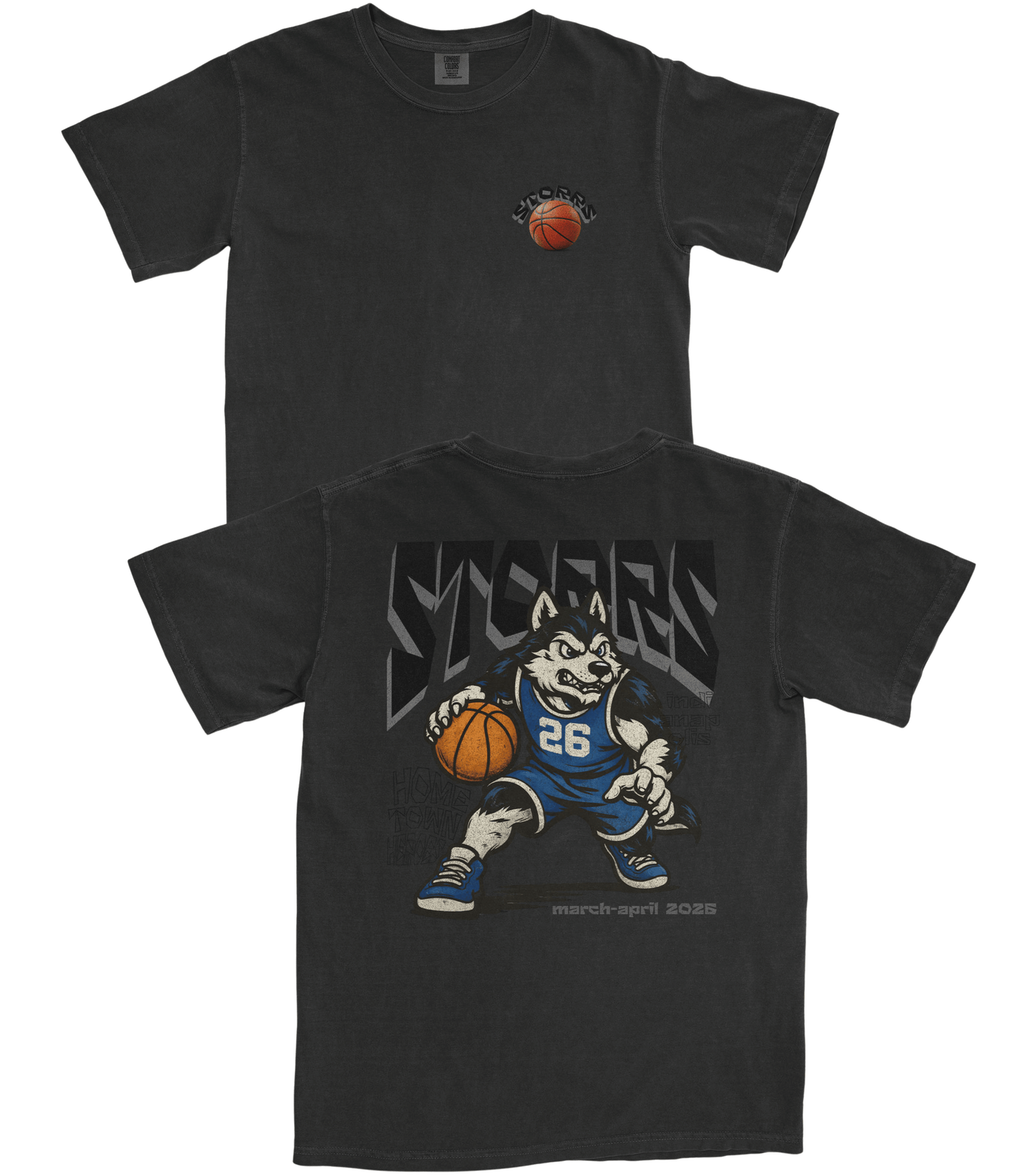 Black t-shirt with a sports-themed design featuring a wolf and basketball on a white background