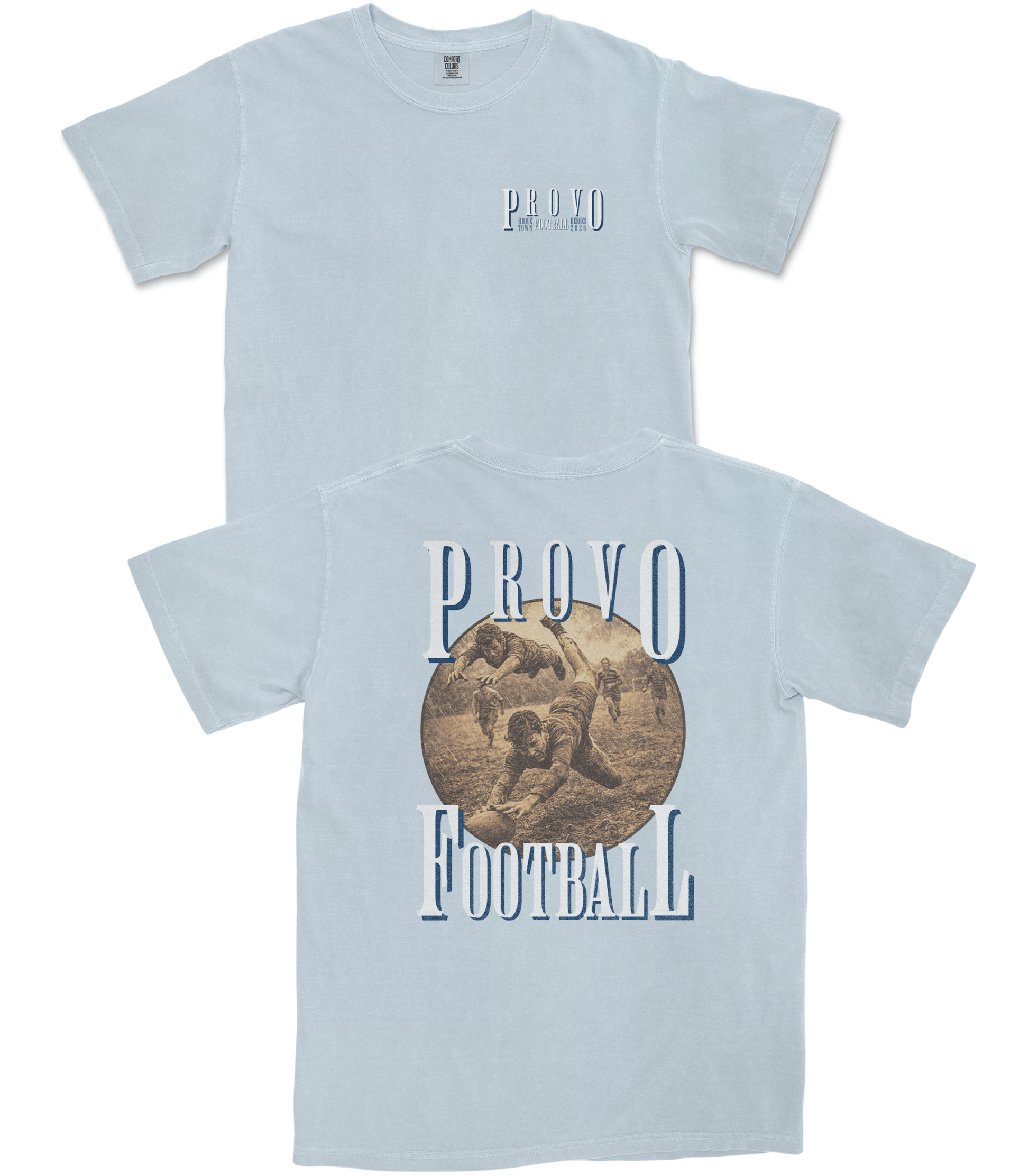 Light blue t-shirt with 'Provo Football' design on a white background