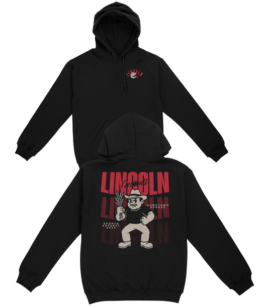 Black hoodie with graphic design on front and back on a white background