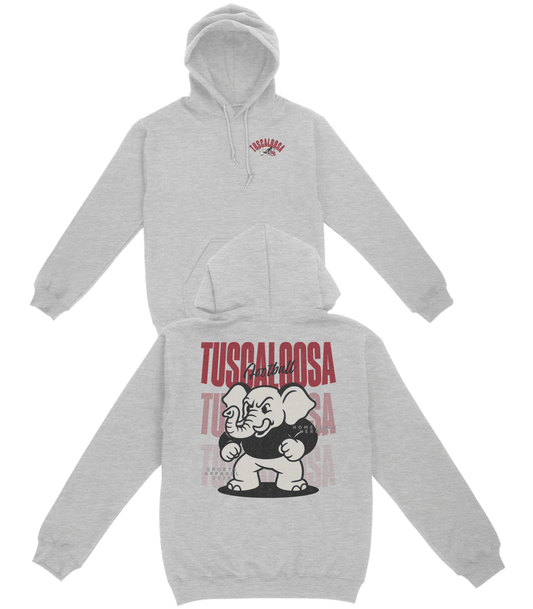 Gray hoodie with 'Tuscaloosa' and elephant graphic on a white background