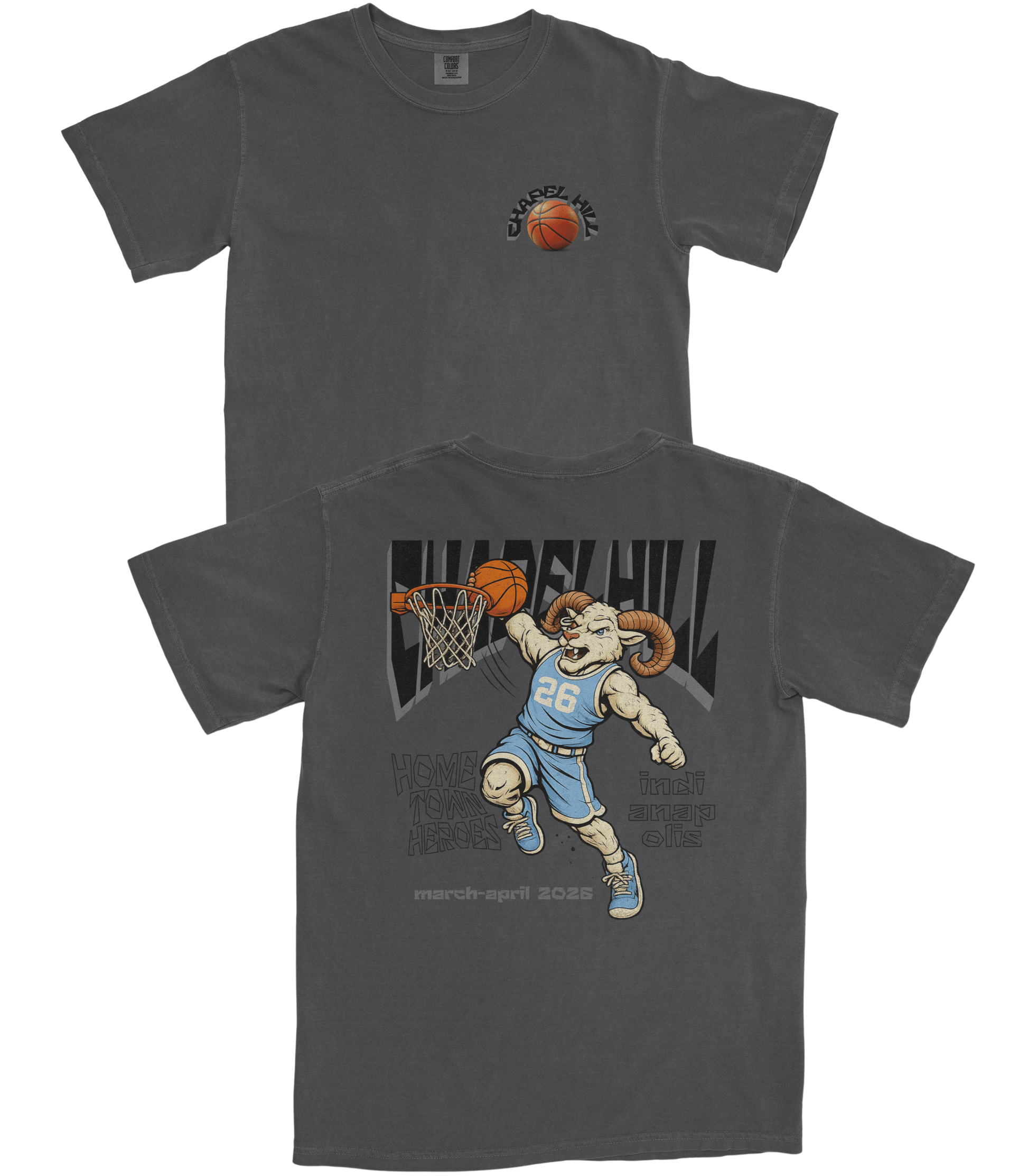 Gray t-shirt with a graphic of a ram playing basketball and text on the back, displayed from front and back views.