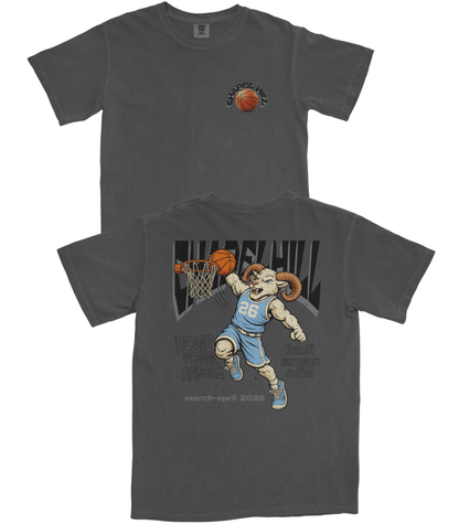 Gray t-shirt with a graphic of a ram playing basketball and text on the back, displayed from front and back views.