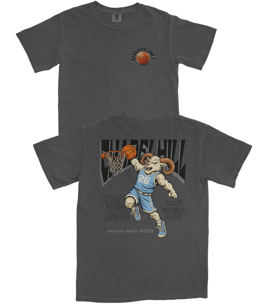 Gray t-shirt with a graphic of a ram playing basketball and text on the back, displayed from front and back views.