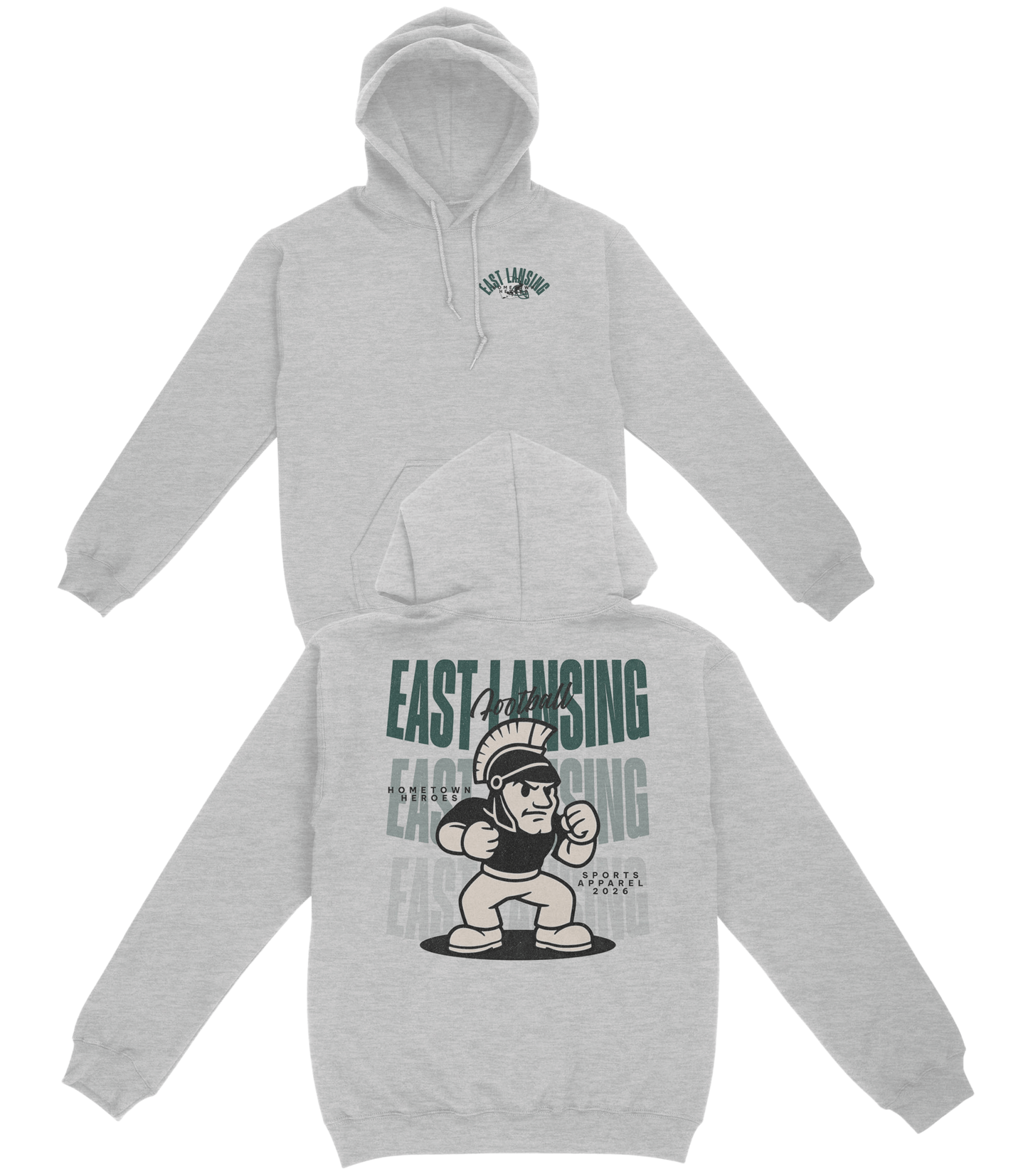 Gray hoodie with graphic design on a white background