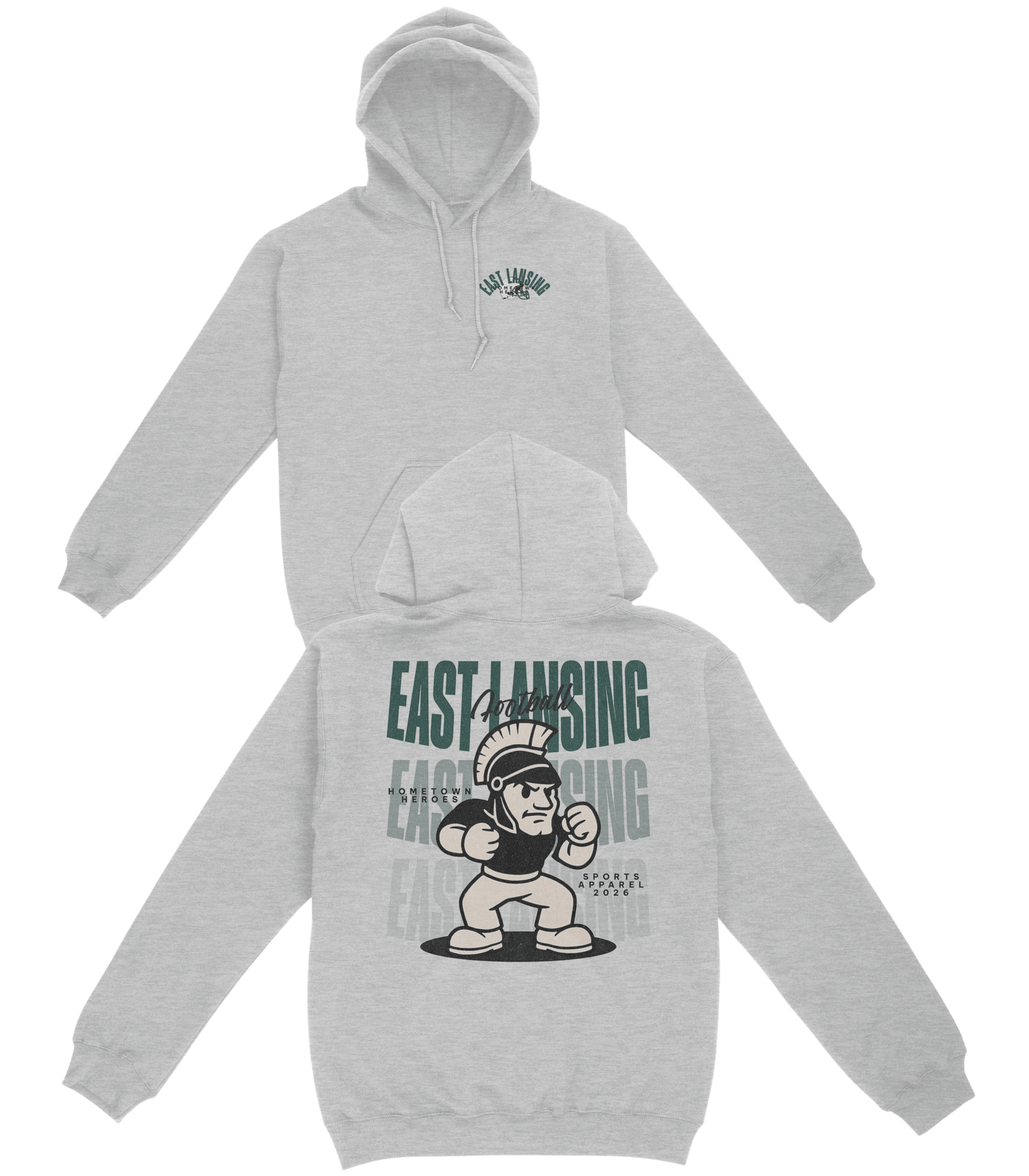 Gray hoodie with graphic design on a white background