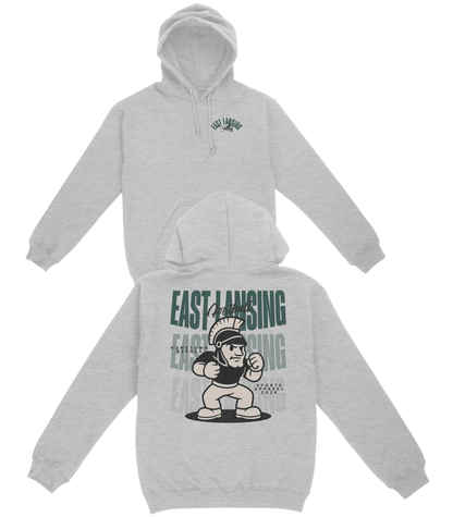 Gray hoodie with graphic design on a white background
