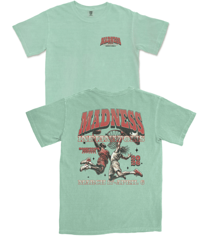 Light green t-shirt with basketball graphic and text on a white background