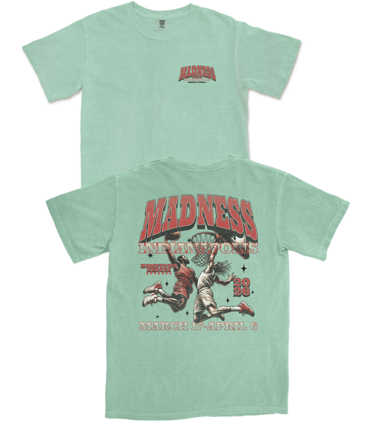 Light green t-shirt with basketball graphic and text on a white background