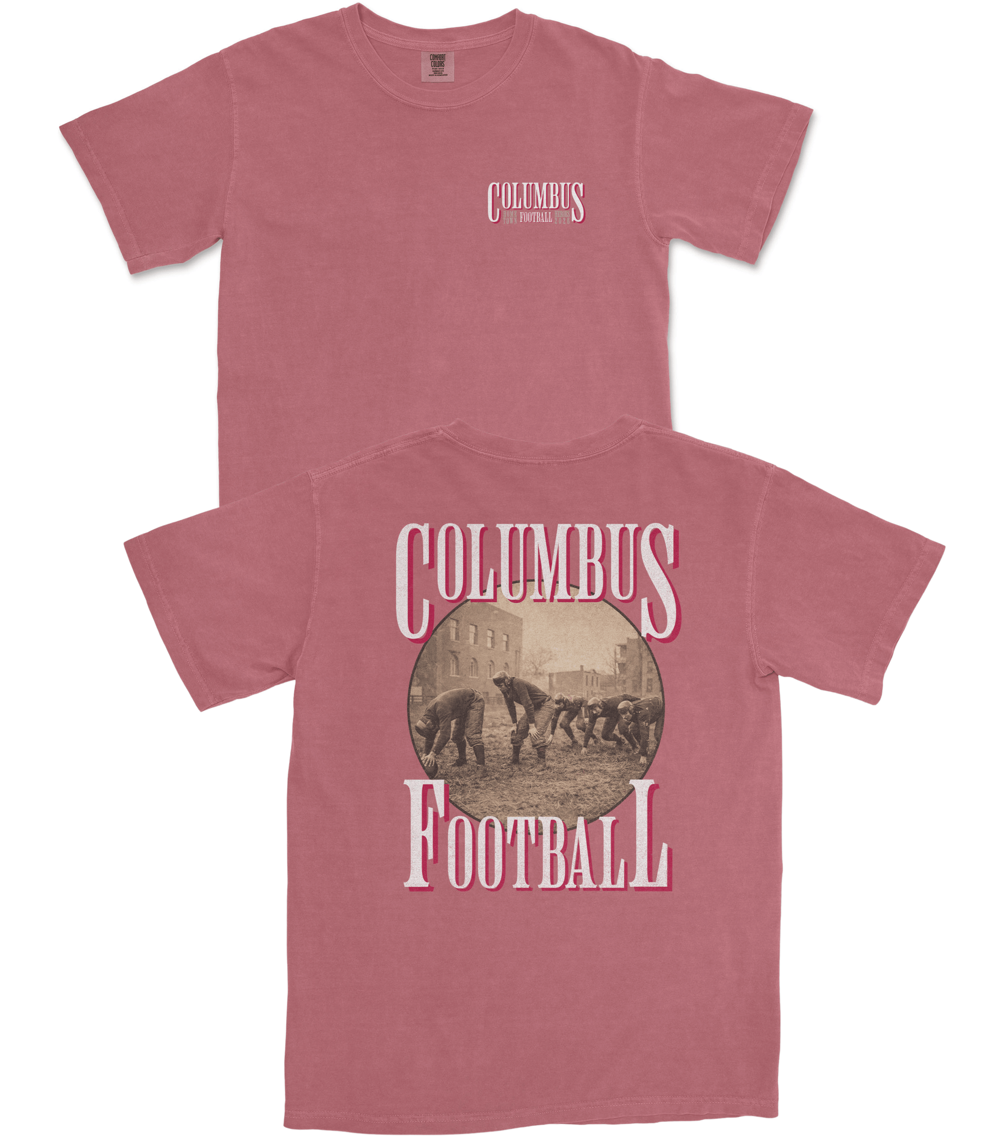 Red t-shirt with 'Columbus Football' design on a white background