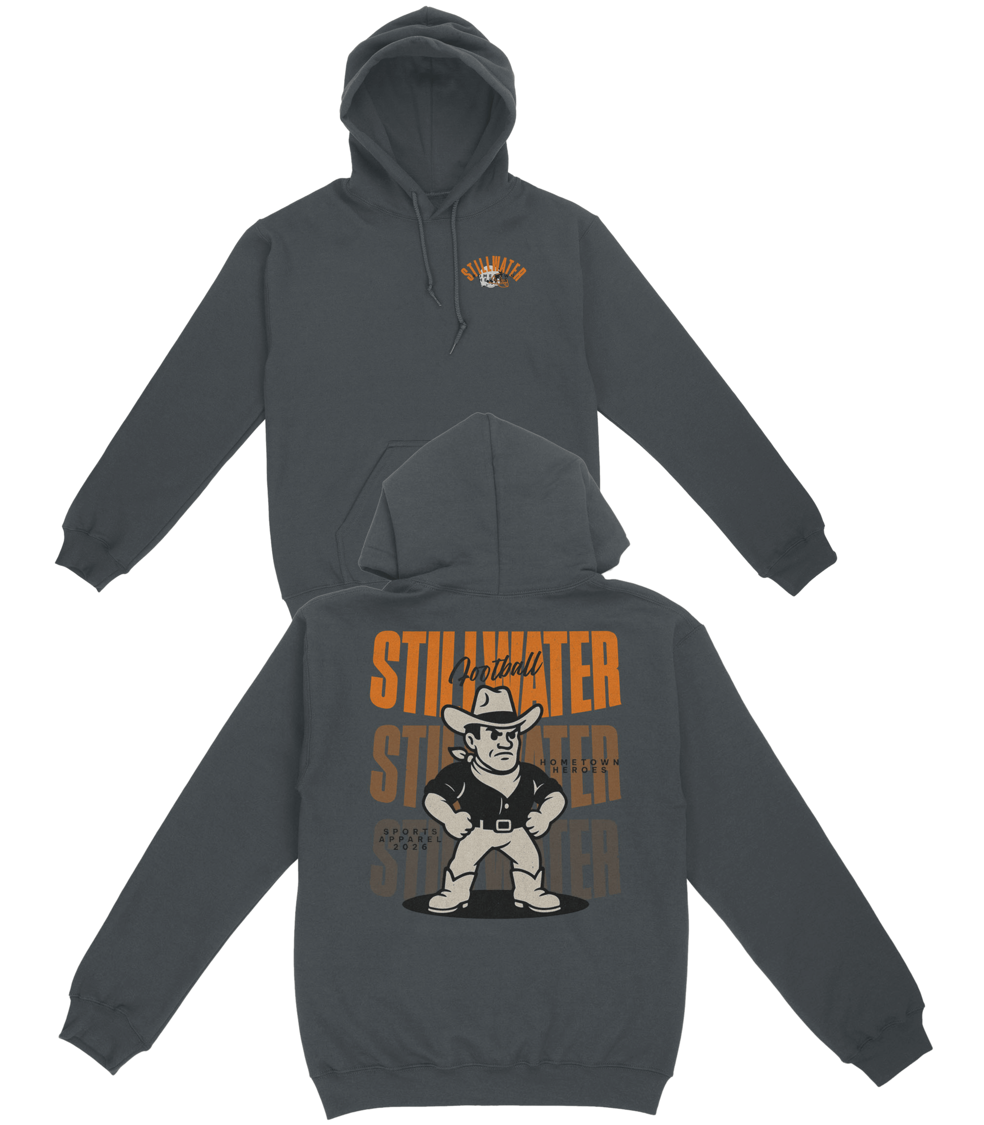Dark gray hoodie with a graphic of a cowboy and text on the front and back, on a white background.