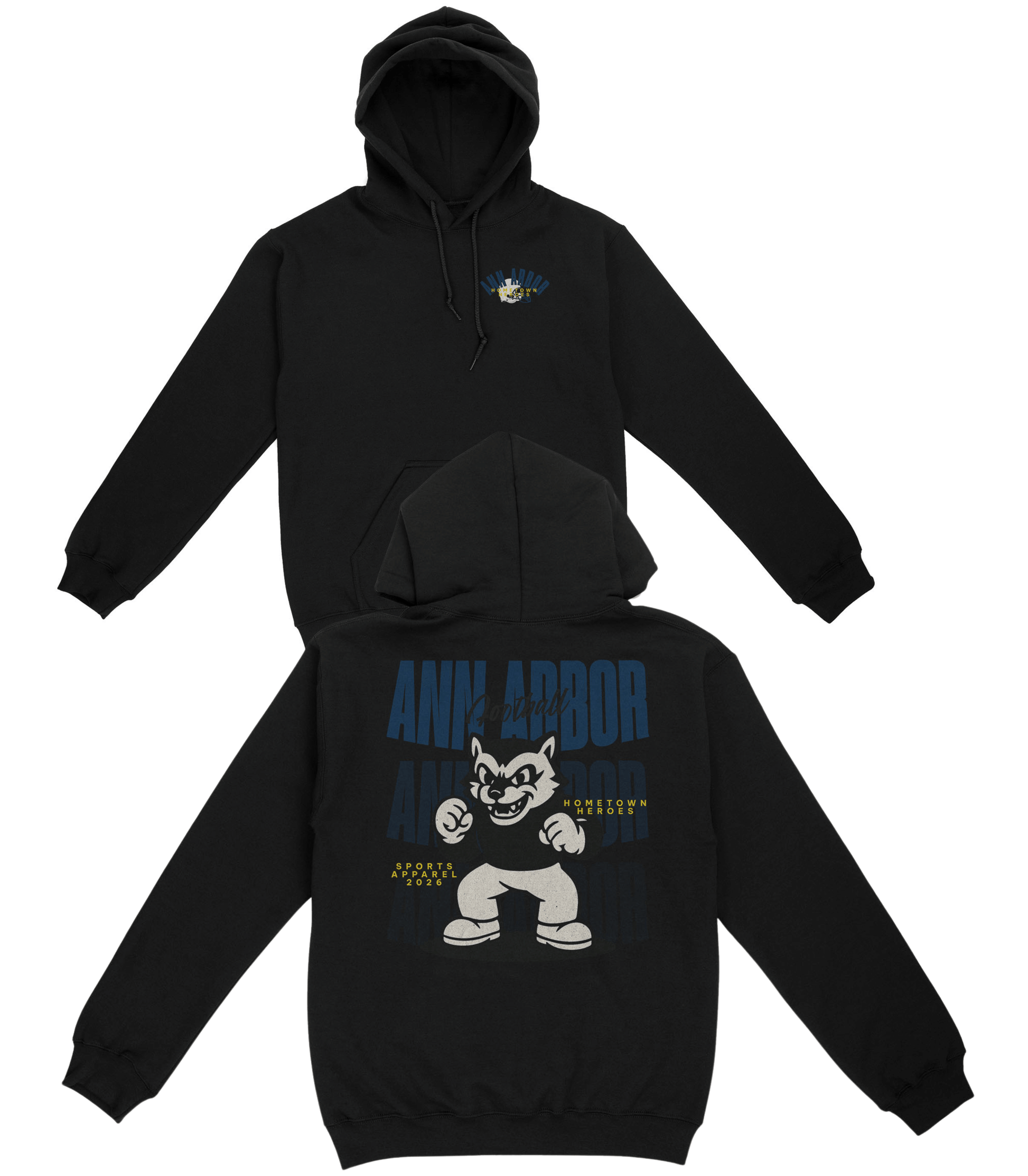 Black hoodie with front and back designs on a white background