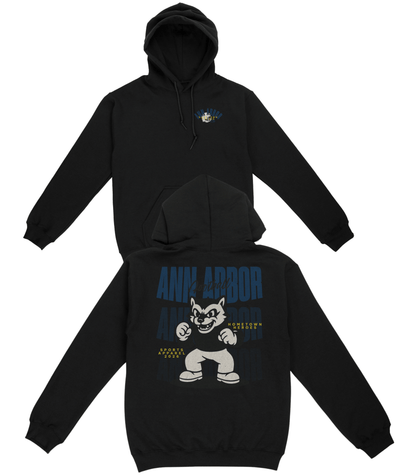 Black hoodie with front and back designs on a white background