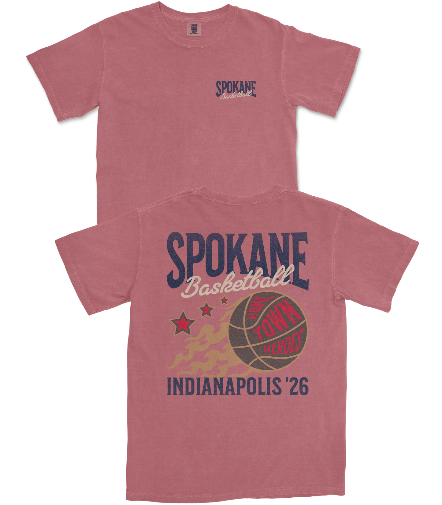 Red t-shirt with 'Spokane Basketball' design on a white background