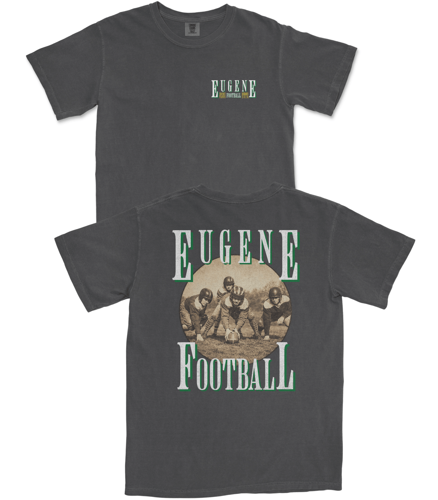 Dark gray t-shirt with 'Eugene Football' design on a white background