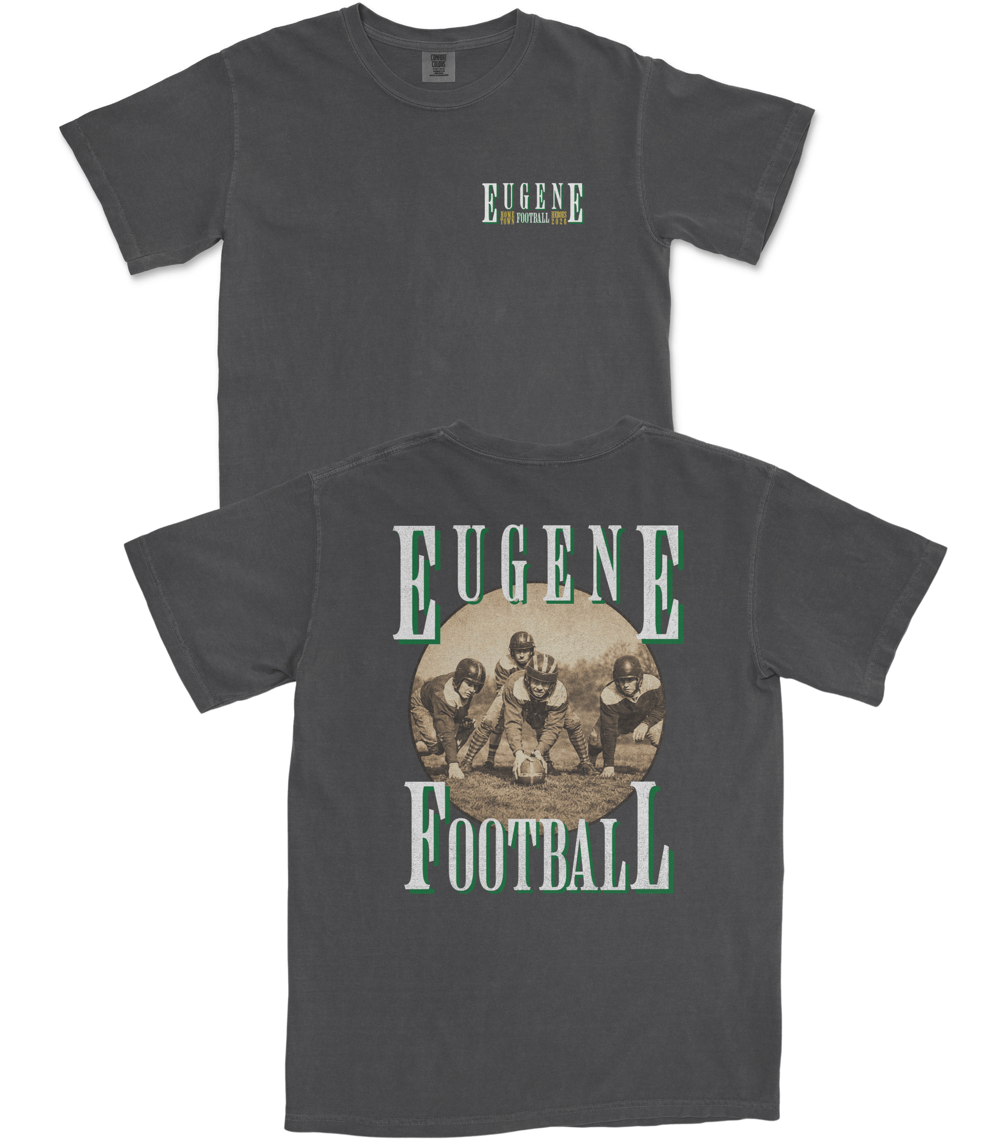 Dark gray t-shirt with 'Eugene Football' design on a white background