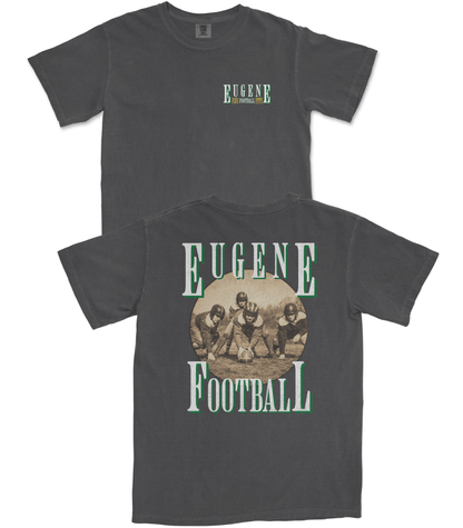 Dark gray t-shirt with 'Eugene Football' design on a white background