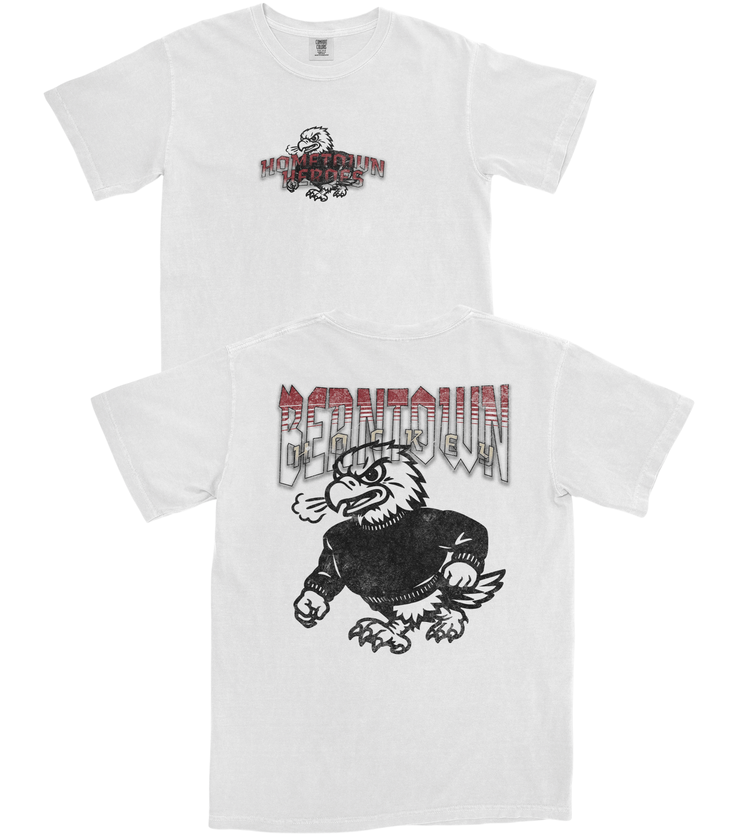 White t-shirt with graphic design featuring an eagle and text on a white background