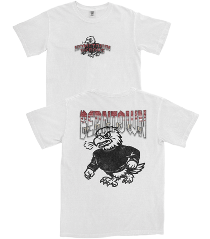 White t-shirt with graphic design featuring an eagle and text on a white background