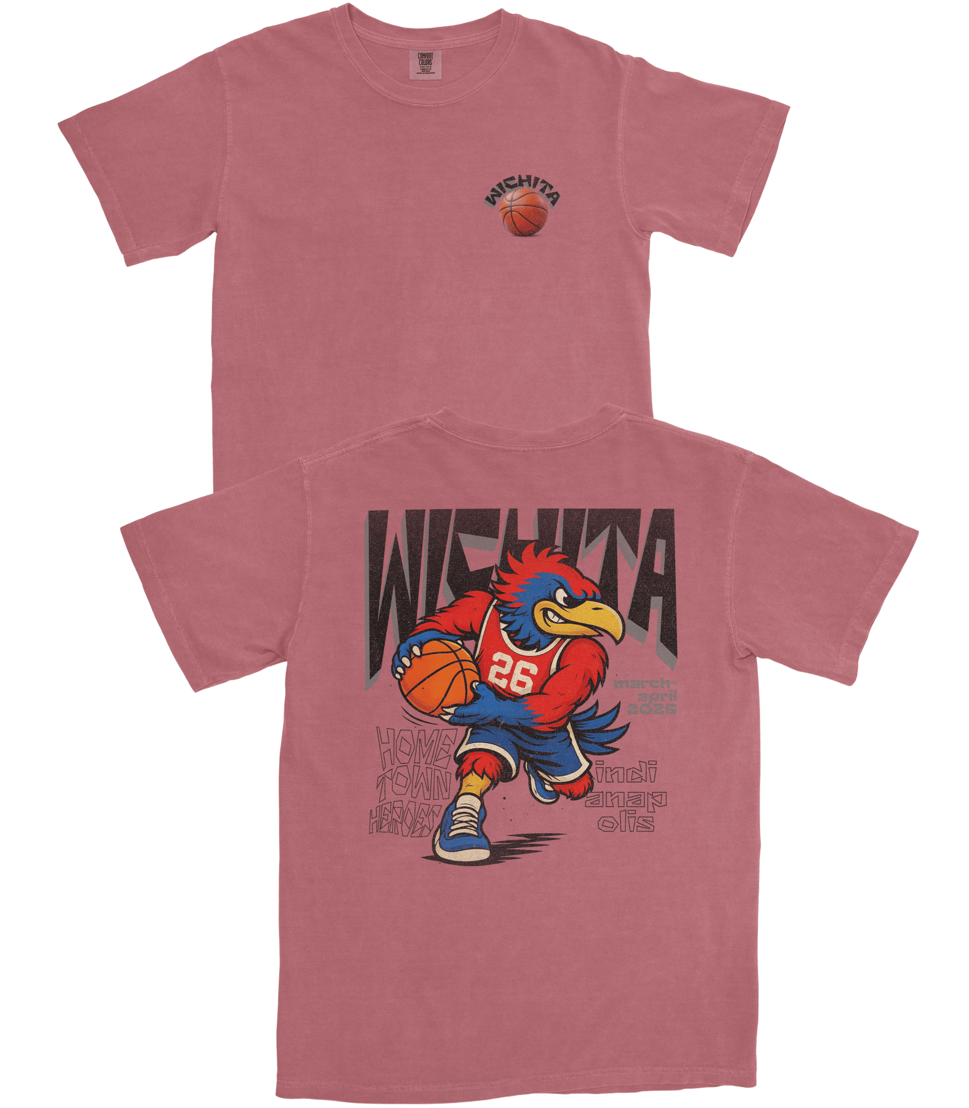 Red t-shirt with a cartoon rooster holding a basketball and 'Wichita' text on a white background